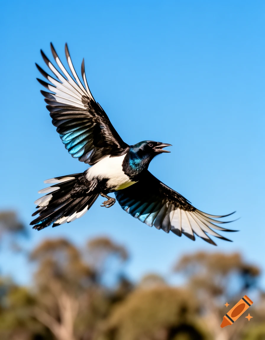 A black and white magpie with iridescent blue feathers soars against a bright blue sky, with blurred green trees below.
