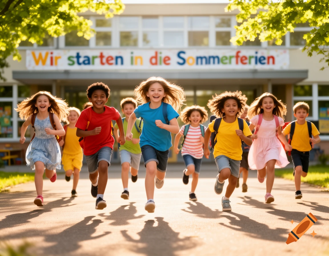 Diverse children with backpacks happily run from a school on a sunny day. A sign above them reads 'Wir starten in die Sommerferien'.