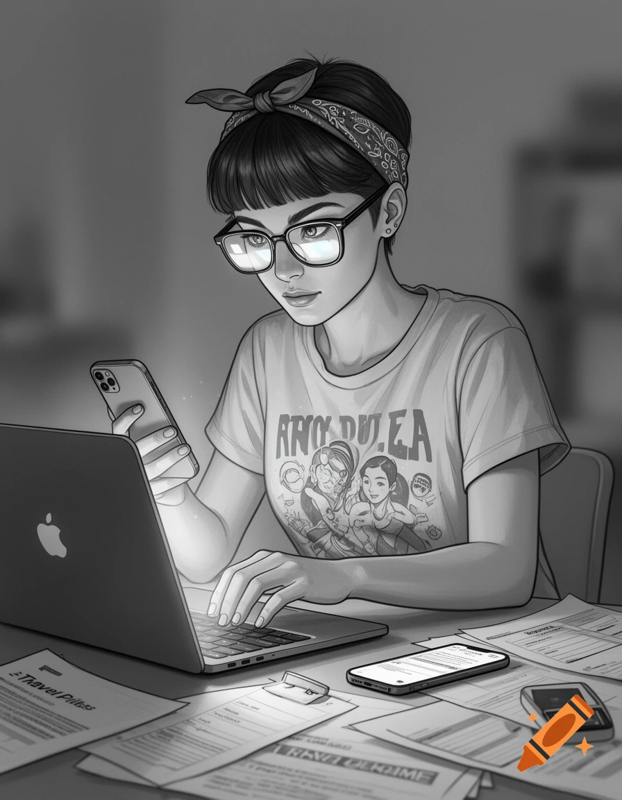 Monochrome illustration of a young woman with short hair and a bandana, wearing glasses and a T-shirt, working on a laptop while holding a phone, with documents scattered on the table.