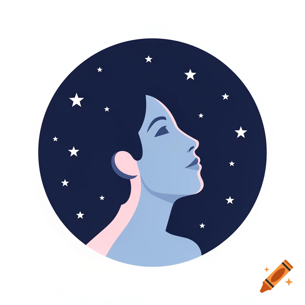 Stylized profile of a person with a pale blue face looking up at a dark blue sky with white stars, contained within a circle.