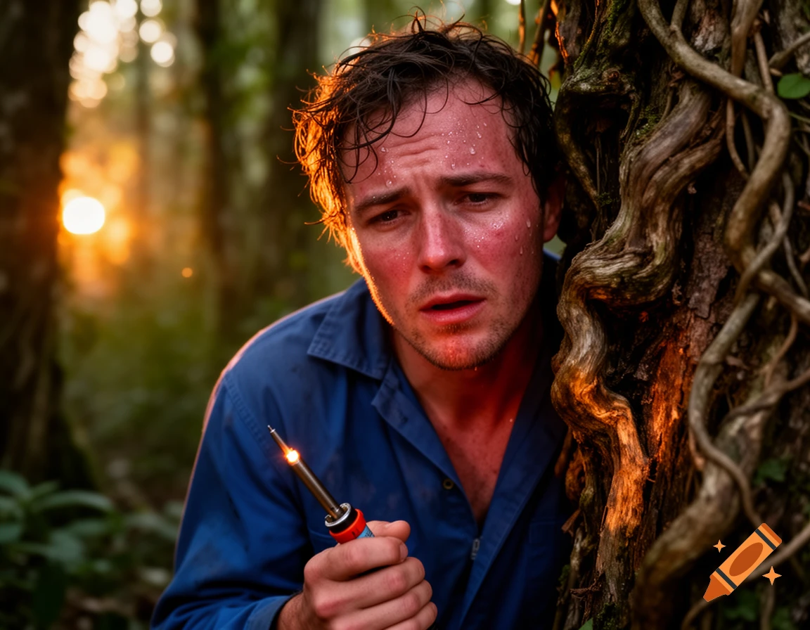 A distressed man with a red, sweaty face holds a glowing soldering iron, partially hidden by a gnarled tree in a sunset-lit forest.