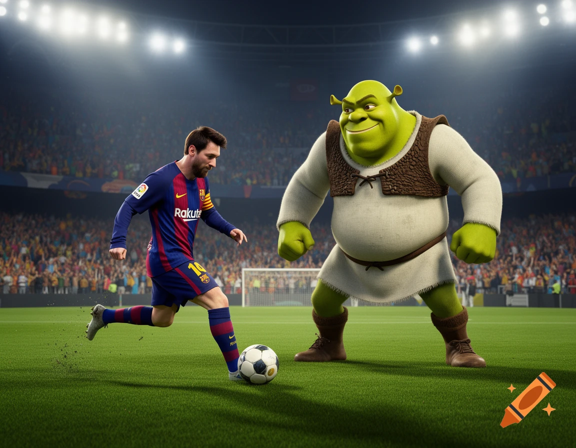 Lionel Messi plays soccer against Shrek on a green field in a brightly lit stadium full of spectators.