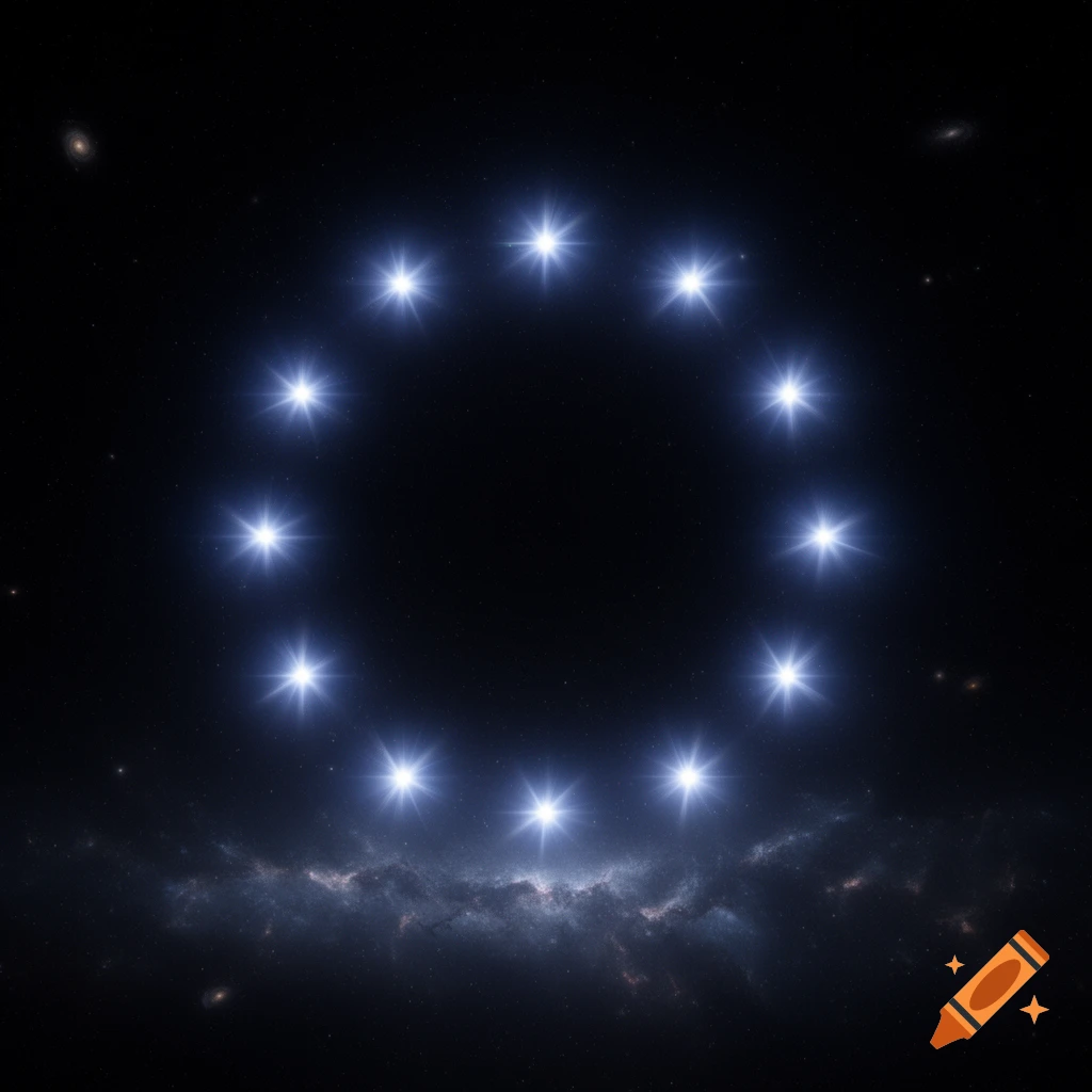 Ten bright, glowing stars form a circle against a dark, detailed cosmic background with nebulae and distant galaxies.