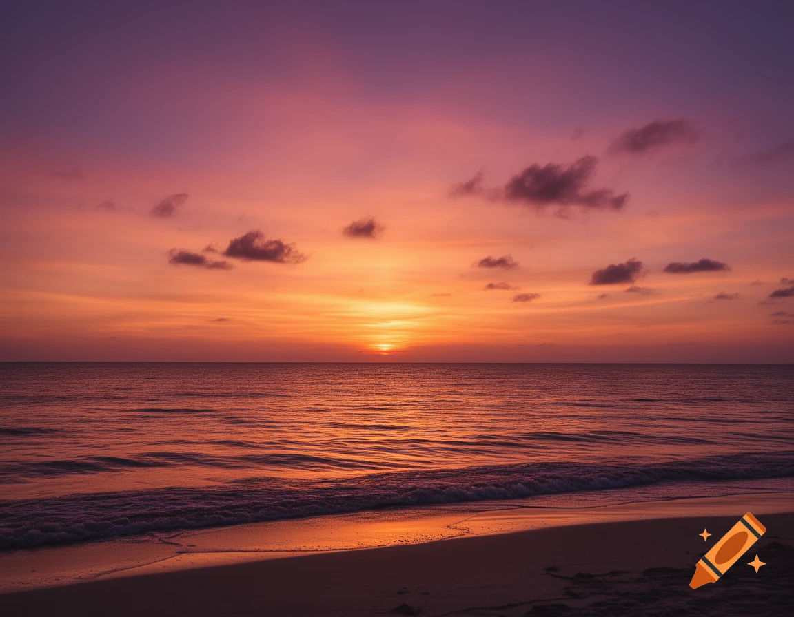A vibrant orange and purple sunset over calm ocean waters, with a sandy beach in the foreground.