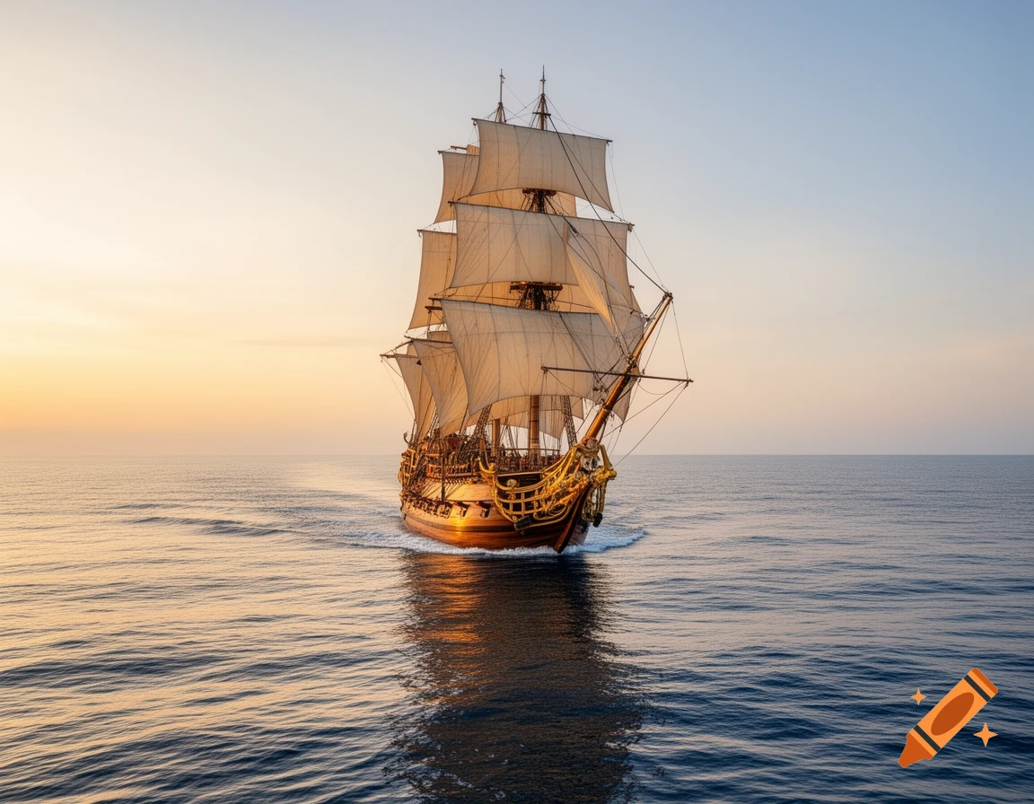 A majestic vintage sailing ship with unfurled sails glides across a calm ocean at sunset, leaving a wake.