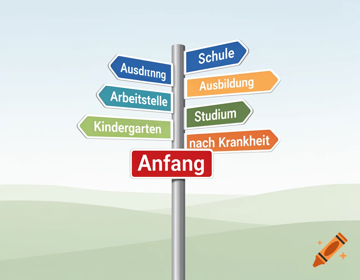 A cartoon signpost with multiple directional arrows pointing to different life stages and choices in German, with 'Anfang' (Beginning) highlighted at the base.