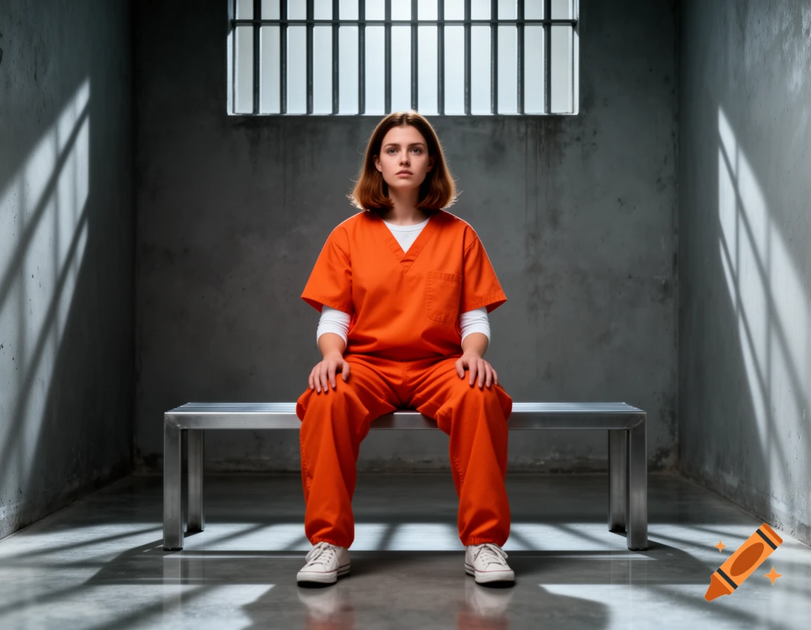 A young brunette woman in an orange prison jumpsuit sits on a metal bench in a stark prison cell with a barred window, looking directly at the viewer.
