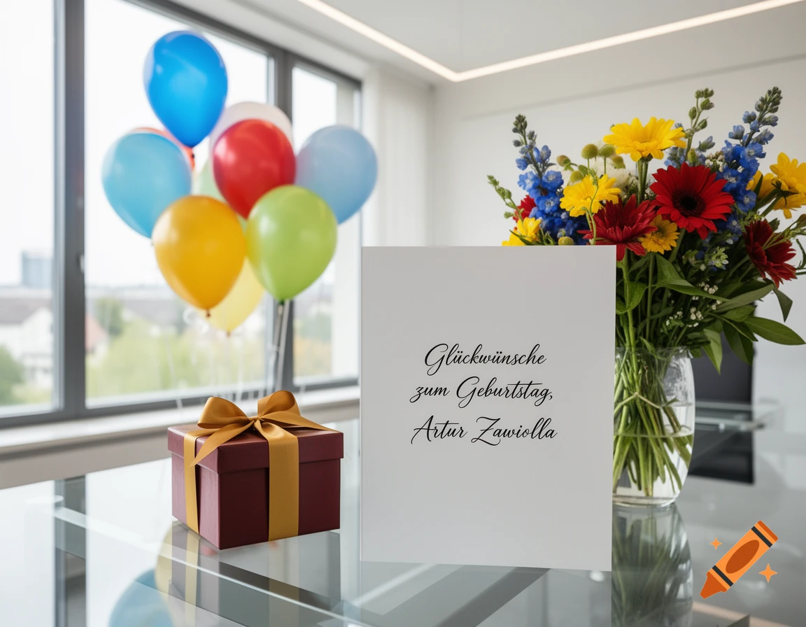A birthday scene with colorful balloons, a red gift box with a gold ribbon, a bouquet of flowers, and a card reading 'Glückwünsche zum Geburtstag, Artur Zawiolla' on a glass table.