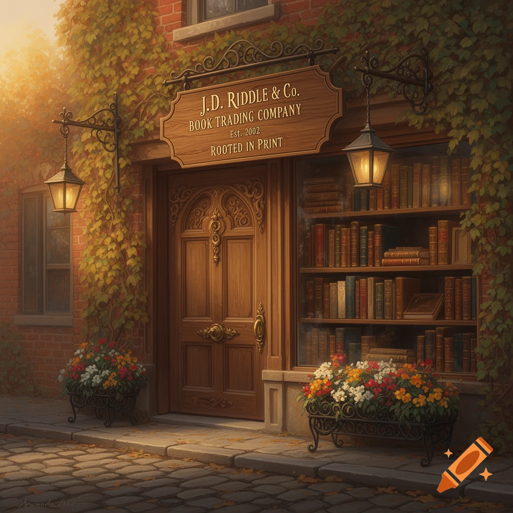 A cozy, autumnal street view of J.D. Riddle & Co. Book Trading Company, a brick building with a wooden door, a large window full of books, and flower planters.