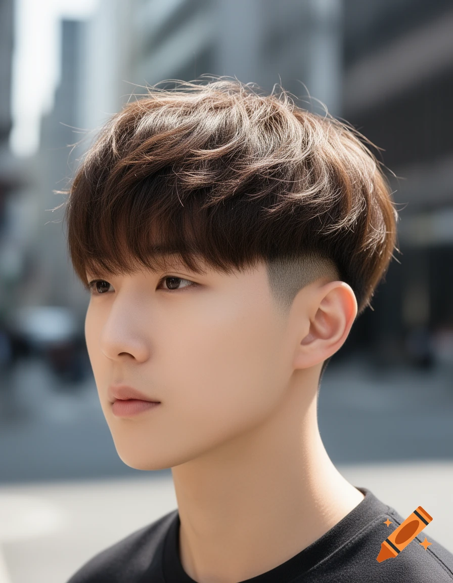 Close-up portrait of a young East Asian male with a modern Korean two-block haircut, textured brown hair, and low taper, against a blurred city background.