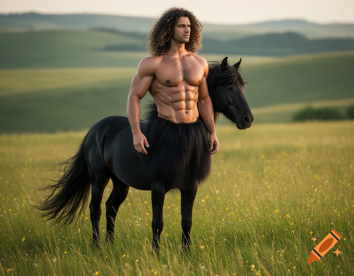 A muscular male centaur with dark curly hair and a black horse body stands in a lush green field.