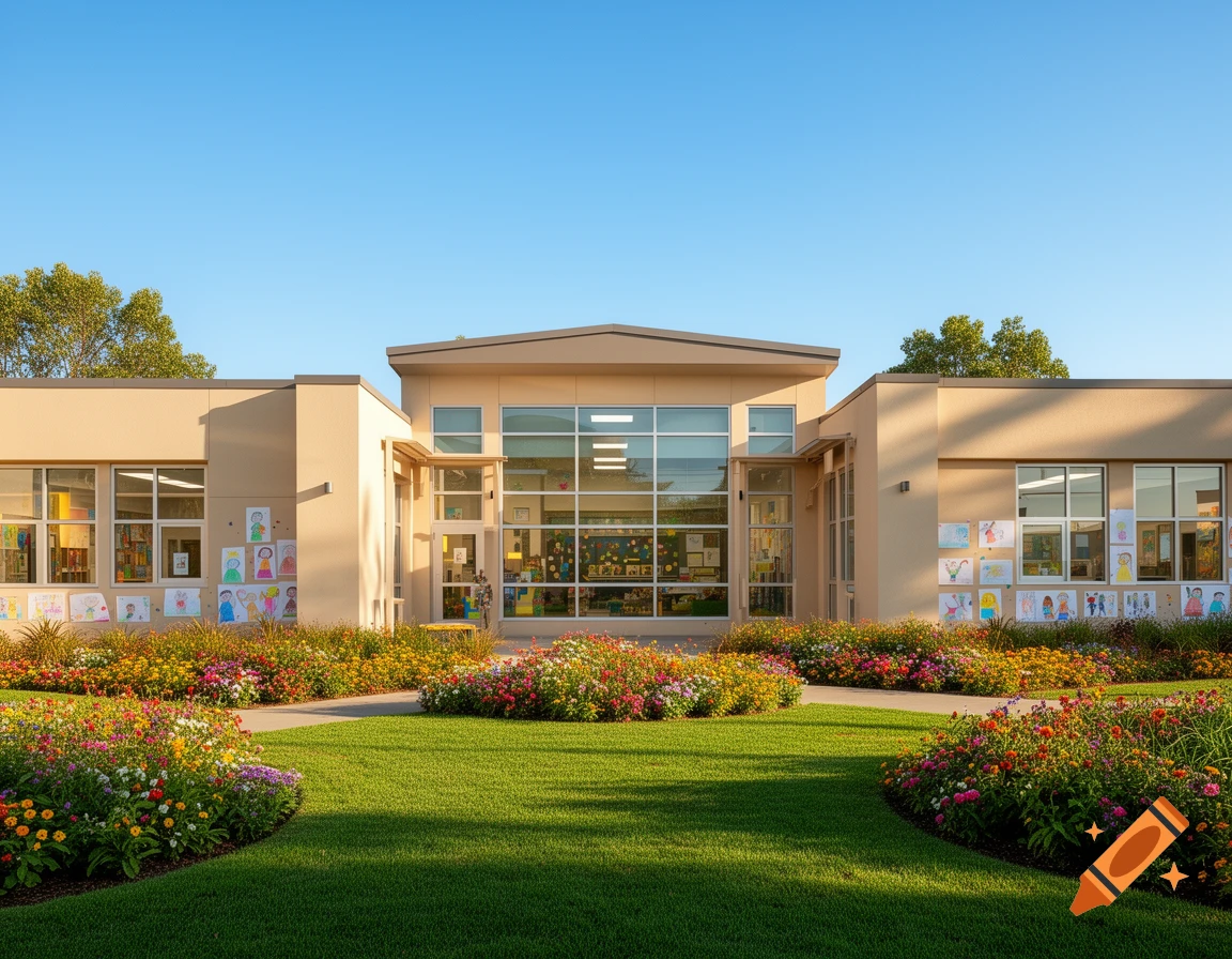 A modern school building with large windows adorned with children's drawings, surrounded by a lush green lawn and colorful flower beds under a clear blue sky.