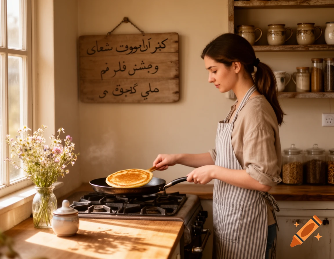 A woman in an apron flips a pancake in a sunny kitchen with flowers by a window and a decorative wooden sign.