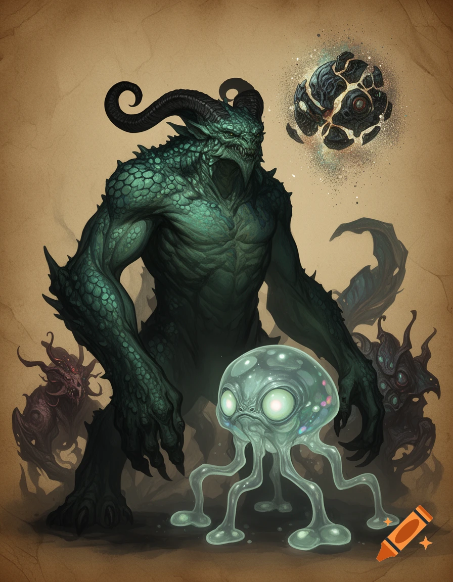 A green horned scaly monster with a small translucent alien creature and a shattered orb, fantasy illustration.