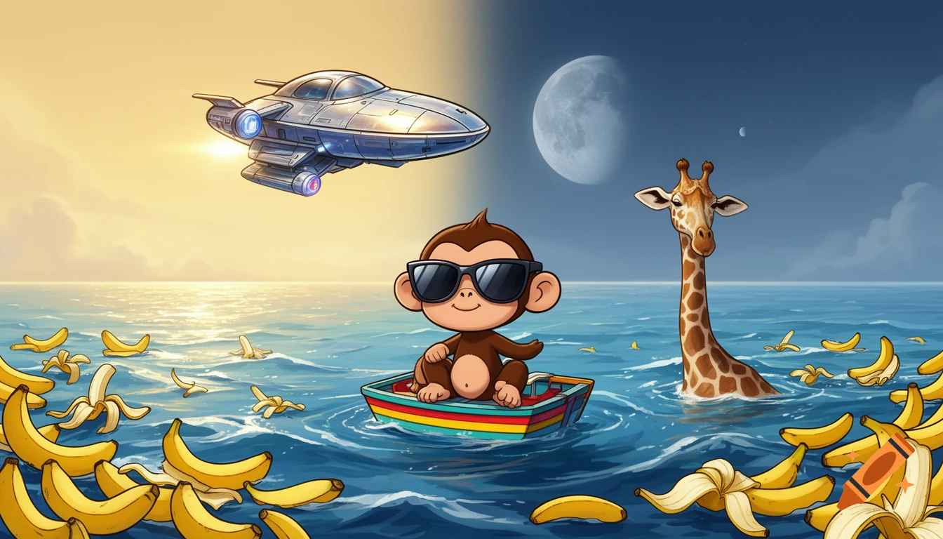 Cartoon monkey in sunglasses sails a colorful boat on a banana-filled ocean, with a giraffe, spaceship, and a sky split between day and night.