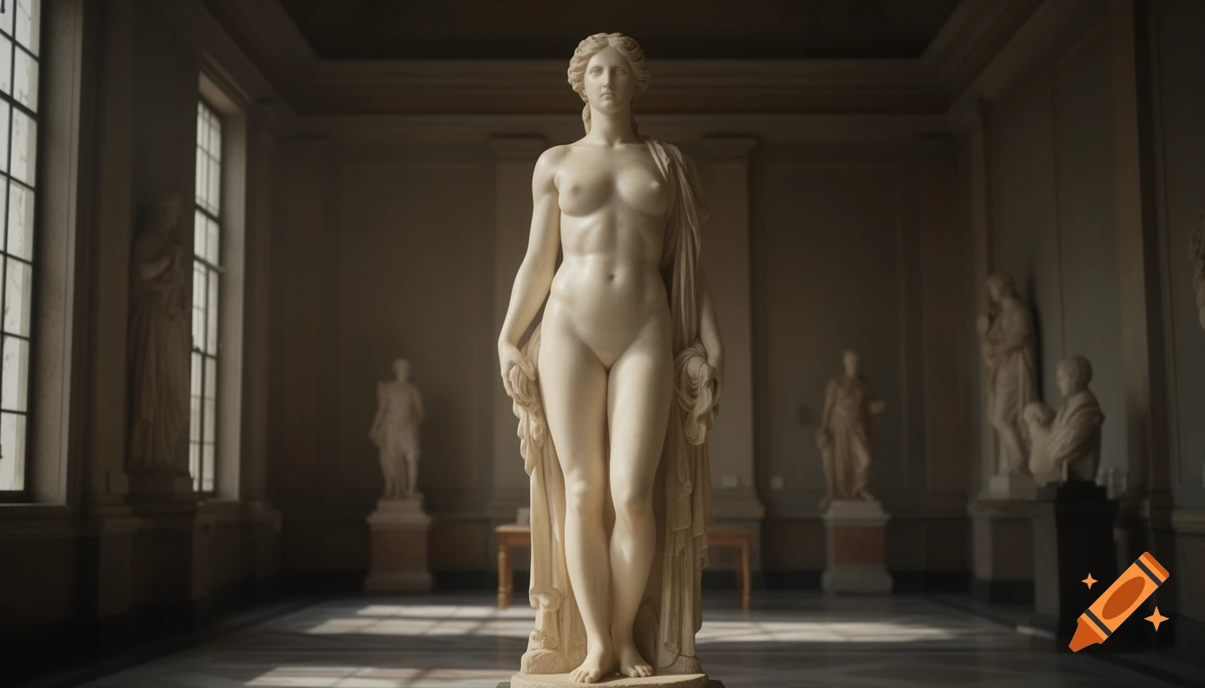 A hyperrealistic classical marble statue of a nude woman stands in a softly lit museum gallery.
