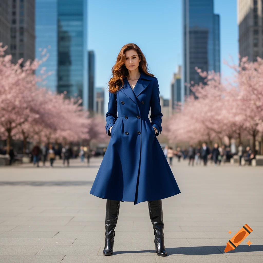 A woman in a blue trench coat and black boots stands on a city street lined with pink cherry blossom trees and tall buildings under a clear blue sky.