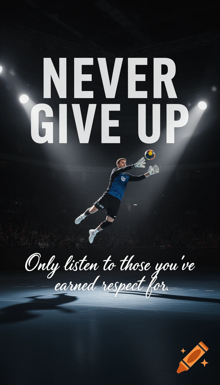 A male handball goalkeeper jumps to save a ball in a spotlighted arena, with "NEVER GIVE UP" and "Only listen to those you've earned respect for." text.