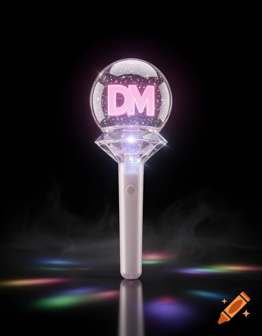 A glowing K-pop lightstick with pink 'DM' initials in a glittery orb, a diamond base, and colorful lights on a dark surface.
