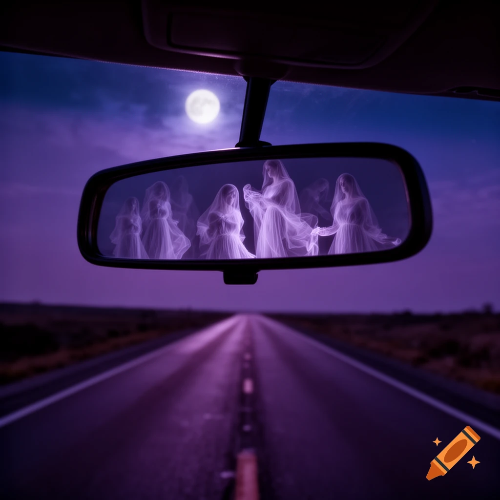 Ghostly figures appear in a car's rearview mirror, on a purple-toned empty highway at night under a full moon, in a moody, dreamlike style.