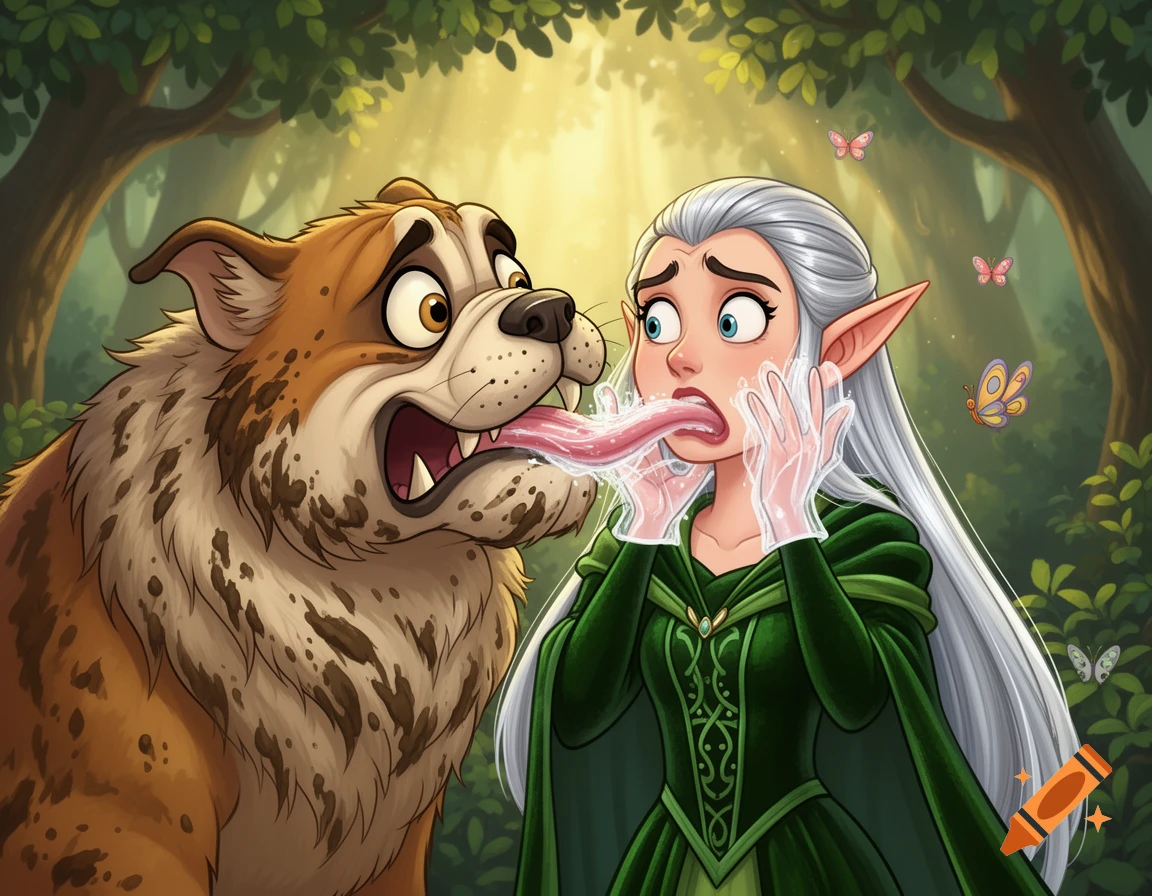 2D cartoon of an elf princess with white hair reacting with disgust as a large, muddy, dog-like creature licks her face in a forest.