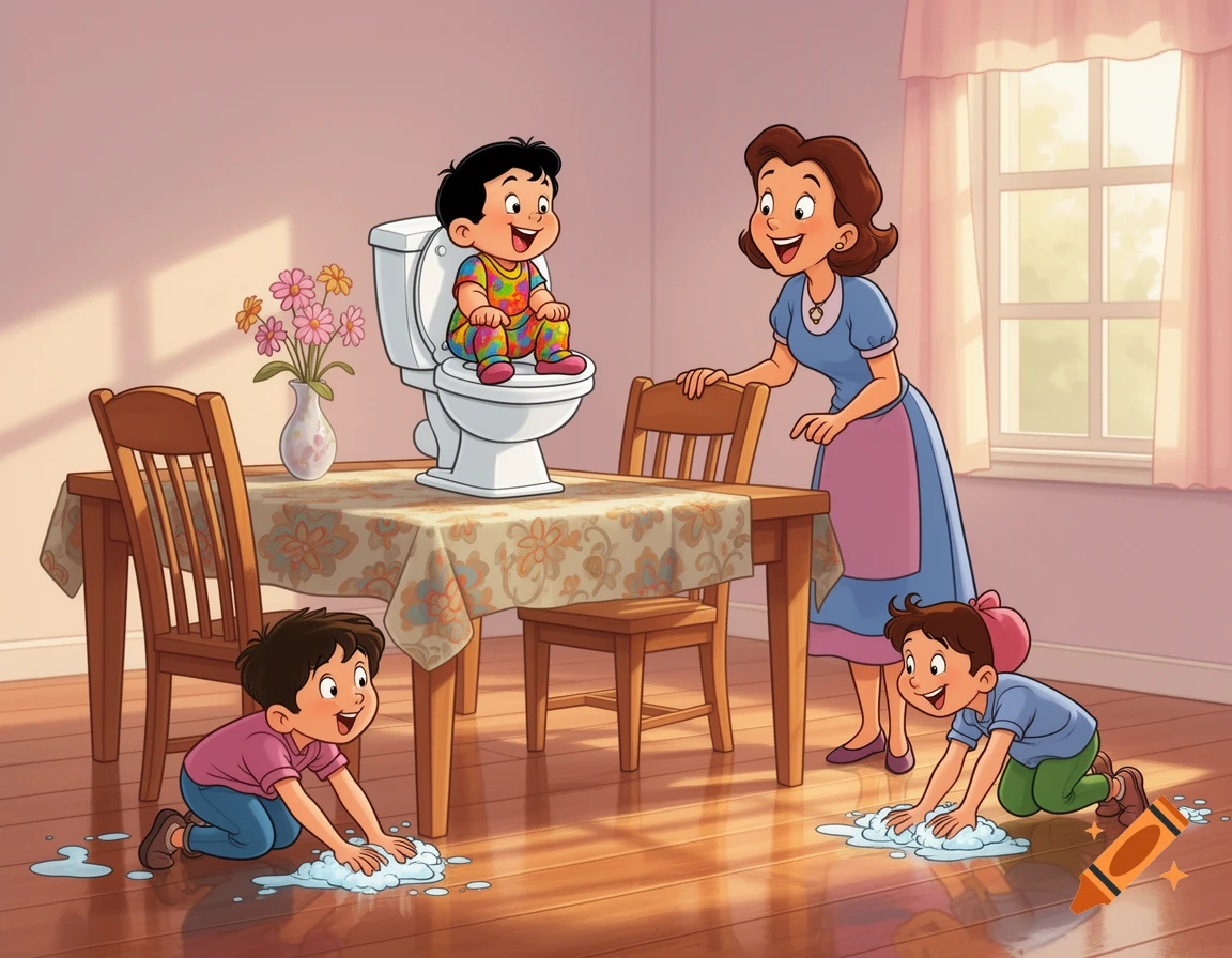 Cartoon family scene with a baby on a toilet on a dining table, mother watching, and two children cleaning a foamy floor.