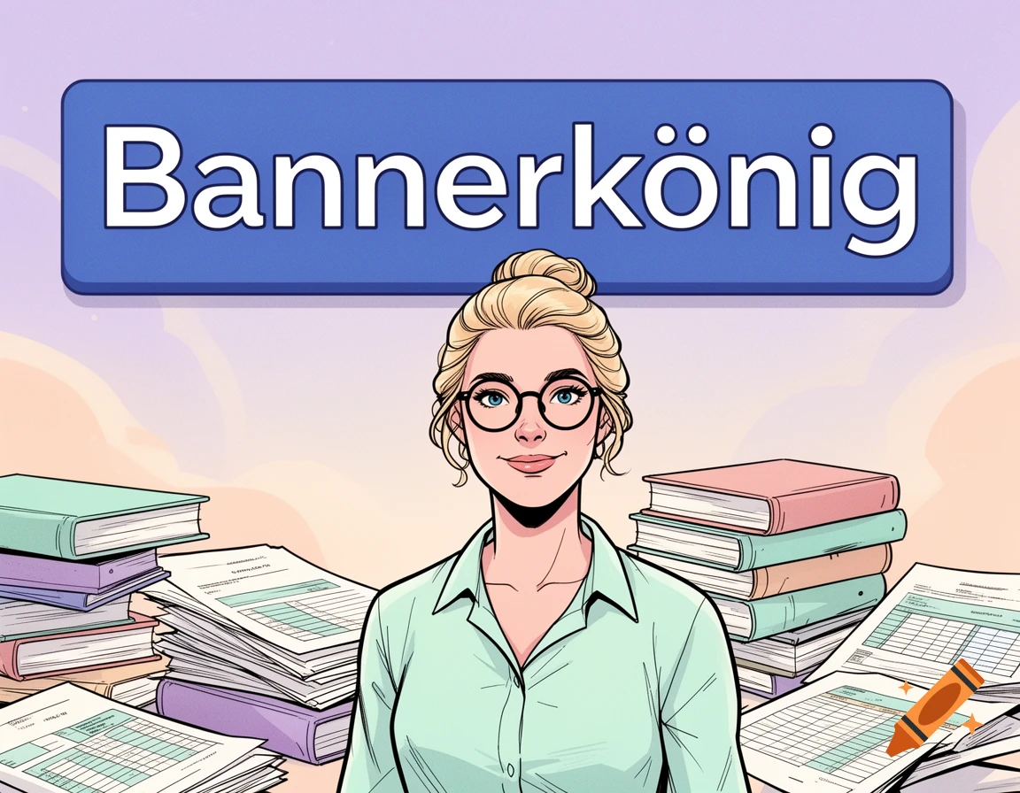 Comic illustration of a blonde woman with glasses, standing amidst books and papers, under a blue 'Bannerkönig' sign, in pastel colors.