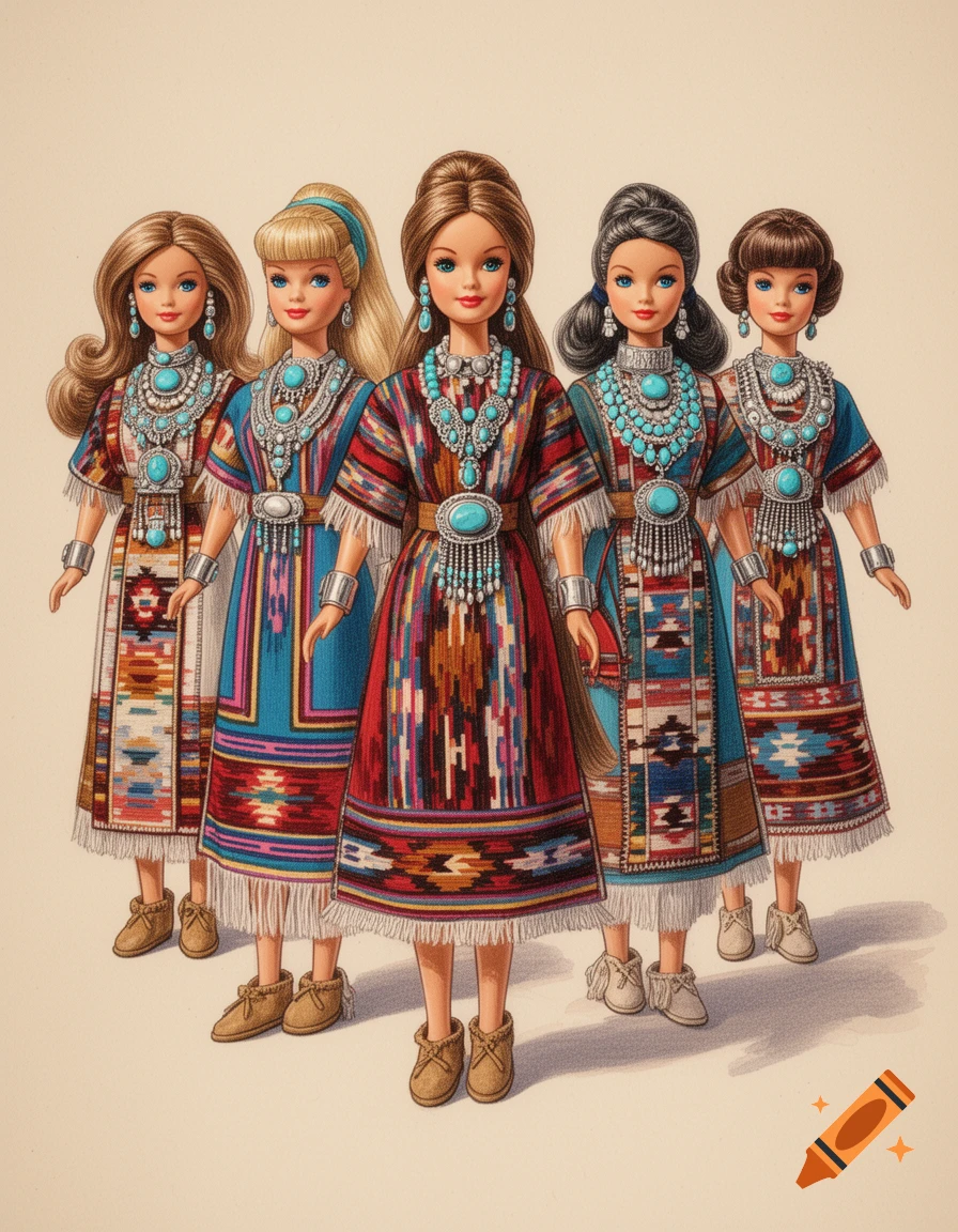 Illustration of five vintage Barbie dolls in traditional Navajo ceremonial clothing with turquoise jewelry and moccasins.