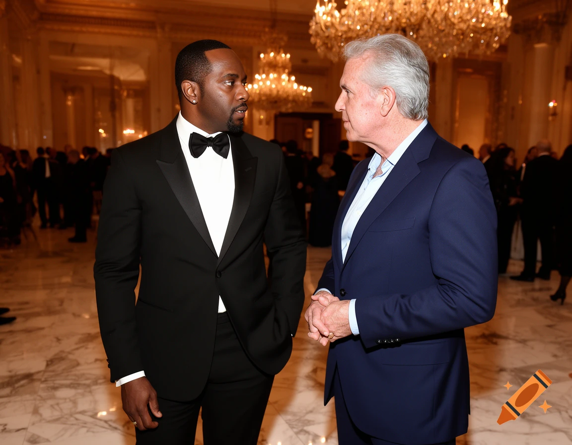 Two men in formal suits converse in a grand hall during an event.