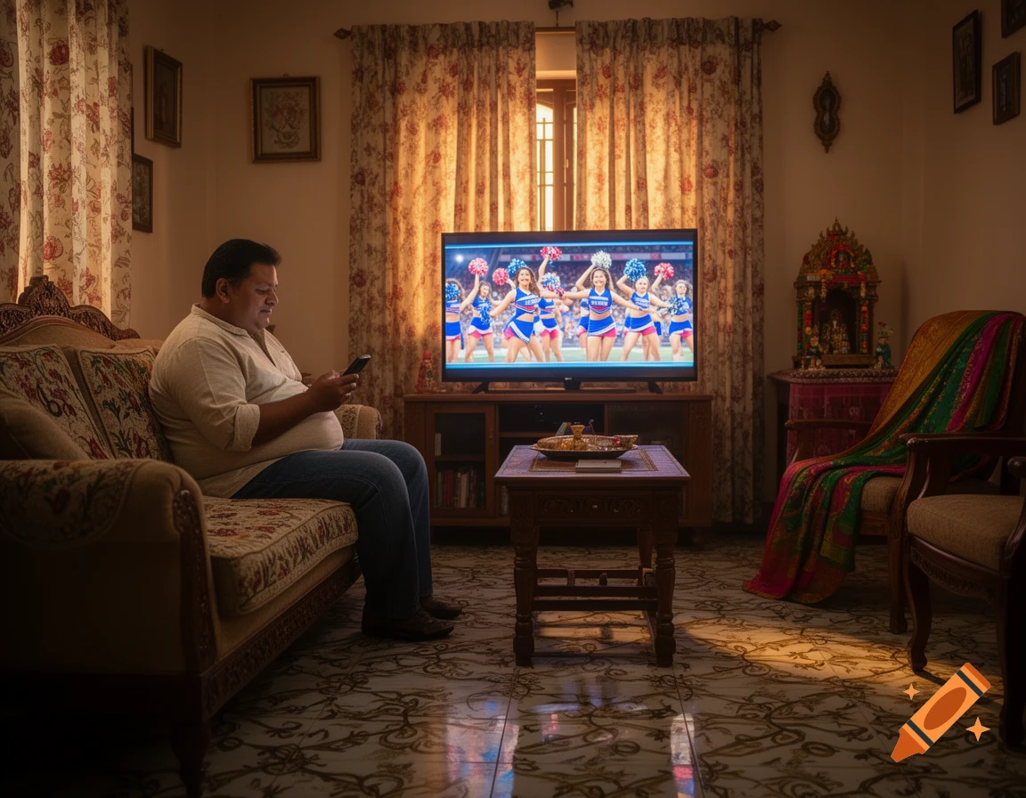 Middle-aged Indian man sits on a floral couch, looking at his phone, while watching a cheerleading show on a TV in a dimly lit living room.