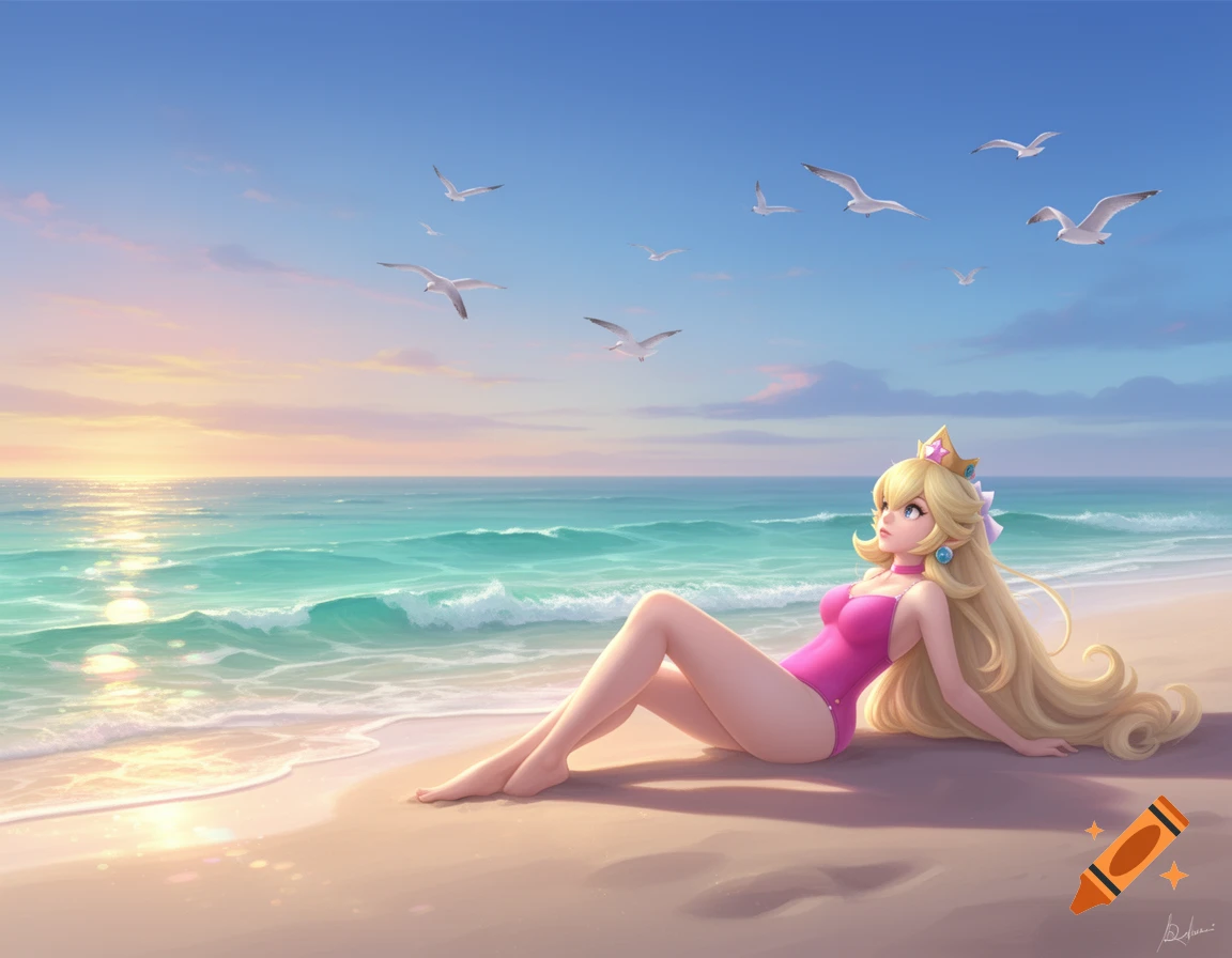 An anime-style Princess Peach in a pink swimsuit reclines on a sunny beach at sunset, with seagulls flying over the ocean.