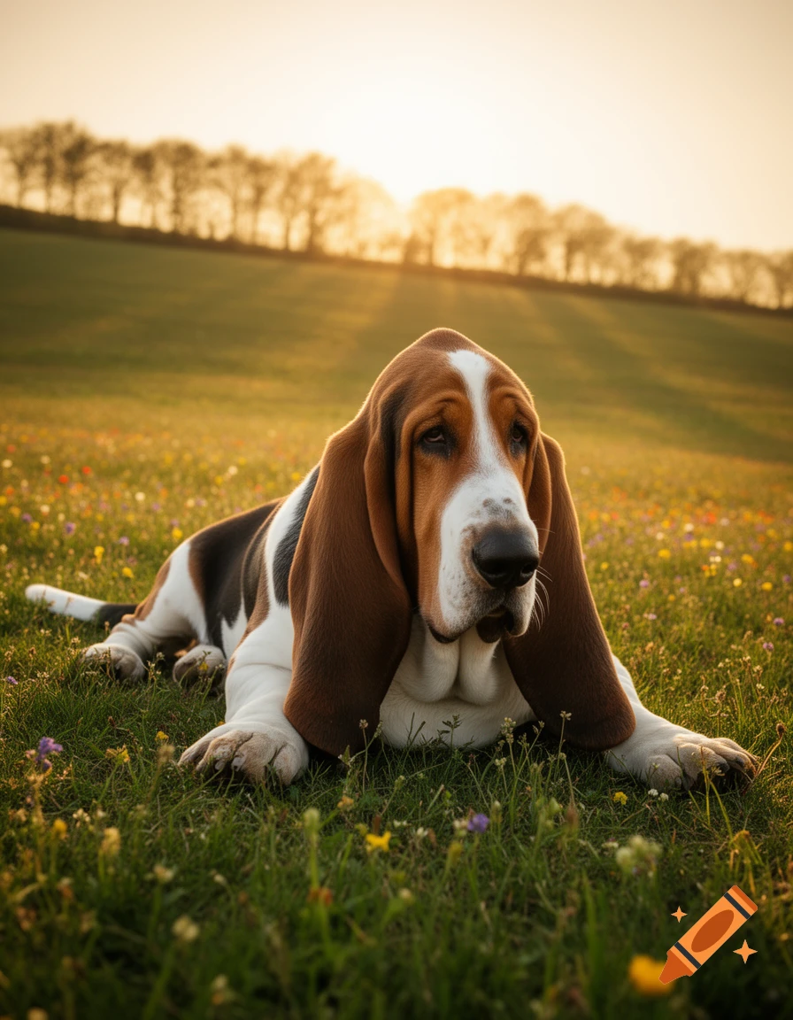 A basset hound lies in a grassy field dotted with wildflowers, bathed in warm golden hour sunlight, with trees in the background.