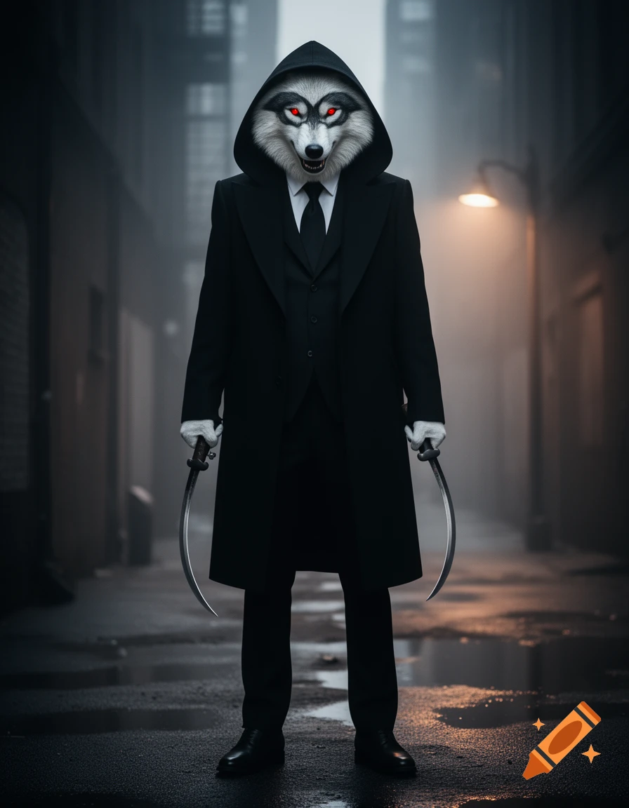 A tall anthropomorphic arctic wolf in a black suit, overcoat, and hood with glowing red eyes and an evil smile, holding a sickle in each hand in a misty alley.