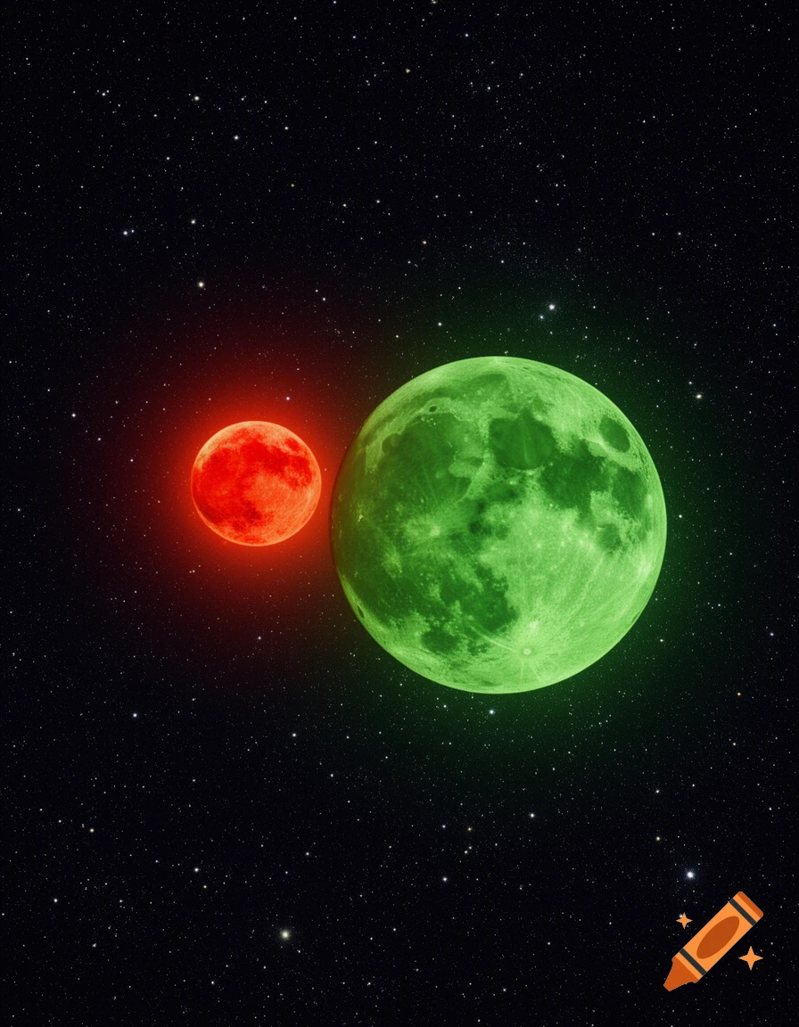 A large green moon and a smaller red sun glow against a dark, star-filled space background.