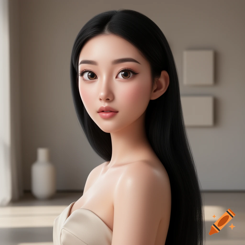 A stylized portrait of a young Asian woman with long black hair, large brown eyes, smooth skin, wearing a strapless top in an indoor setting.
