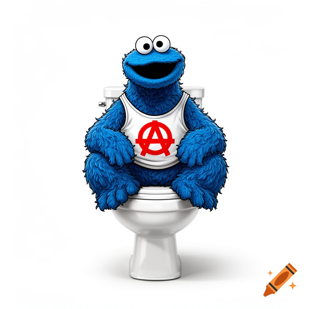 Cookie Monster wearing an anarchy symbol tank top, sitting on a toilet against a white background.