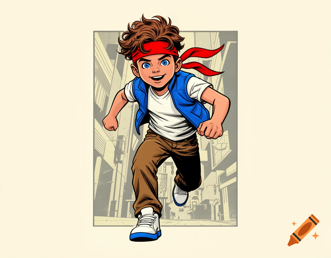 A cartoon boy with a red headband, blue vest, white shirt, brown pants, and white-blue shoes runs forward, depicted in a comic book style.
