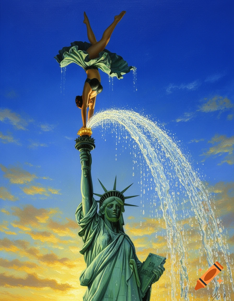 Surrealist oil painting: a woman does a handstand on the Statue of Liberty's torch, water erupts from her skirt.