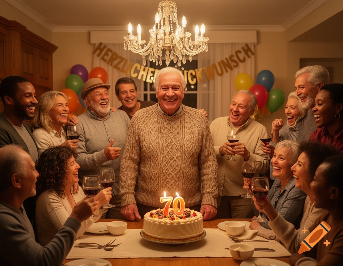 A man in a knitted sweater smiles broadly as he celebrates his 70th birthday with a group of diverse family and friends, all holding wine glasses around a cake with '70' candles.