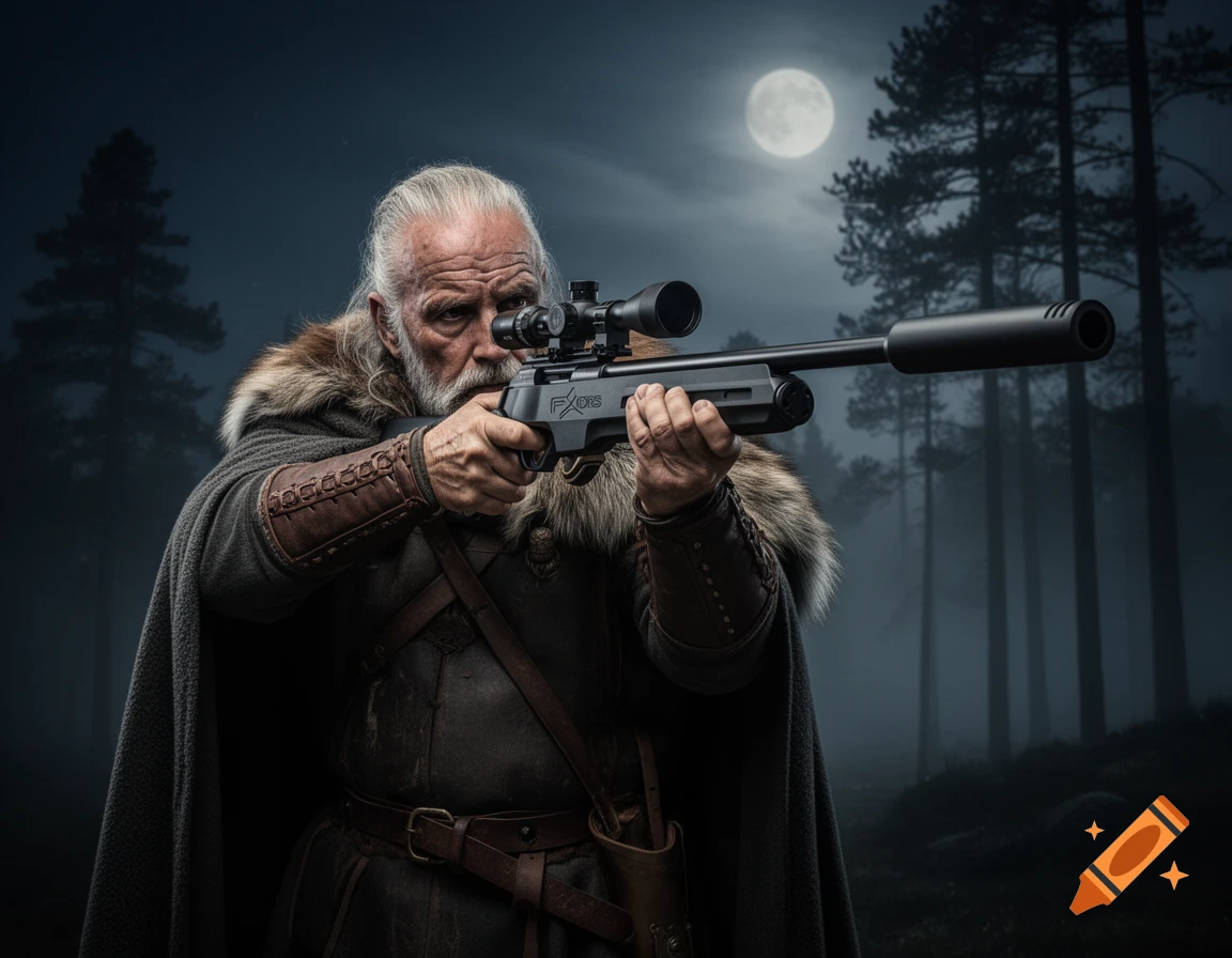 A white-haired, bearded Viking-like man in a fur cloak aims a modern air rifle with a scope in a misty forest under a full moon.