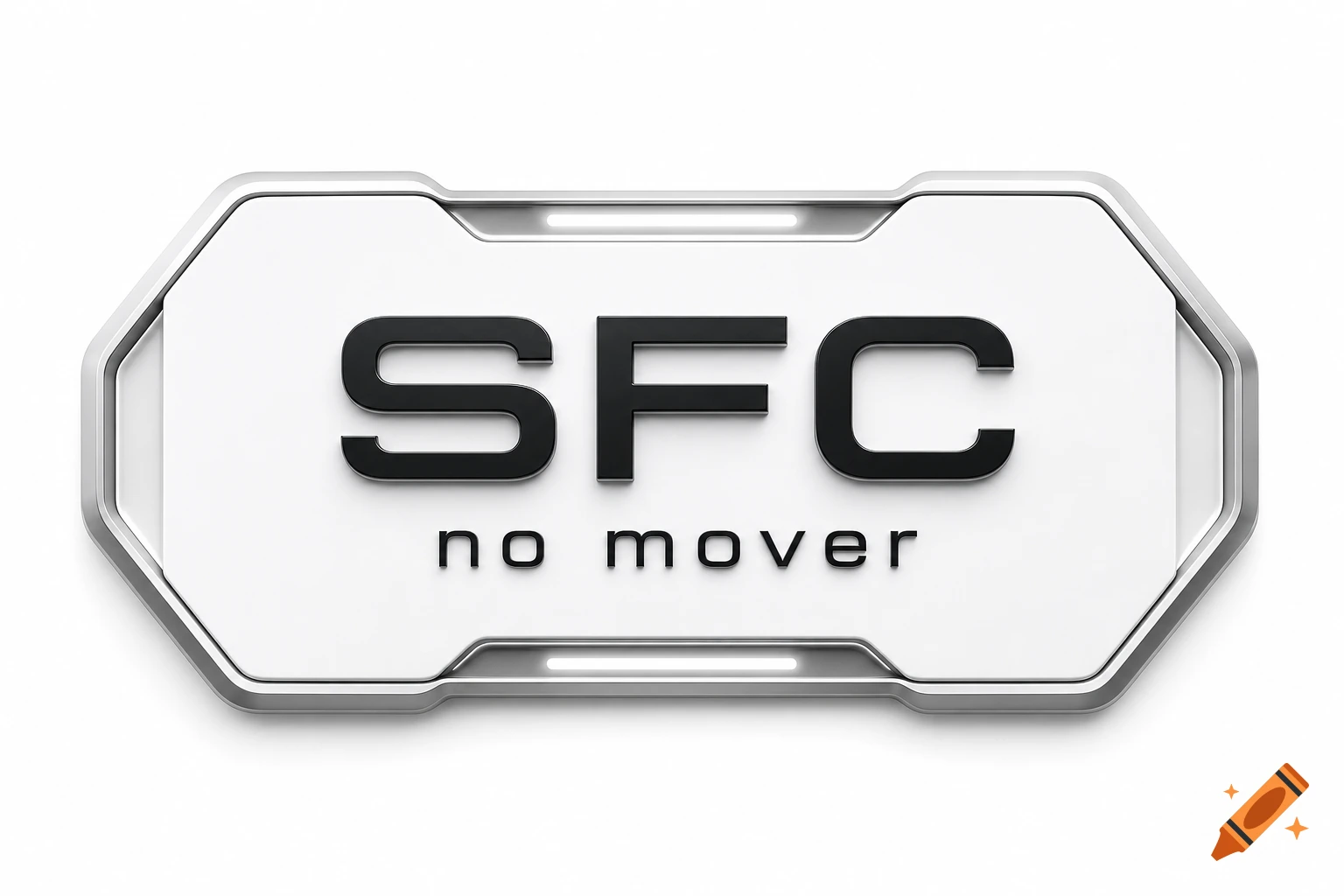 White and silver futuristic badge with the text 'SFC' and 'no mover' on a white background, 3D render.