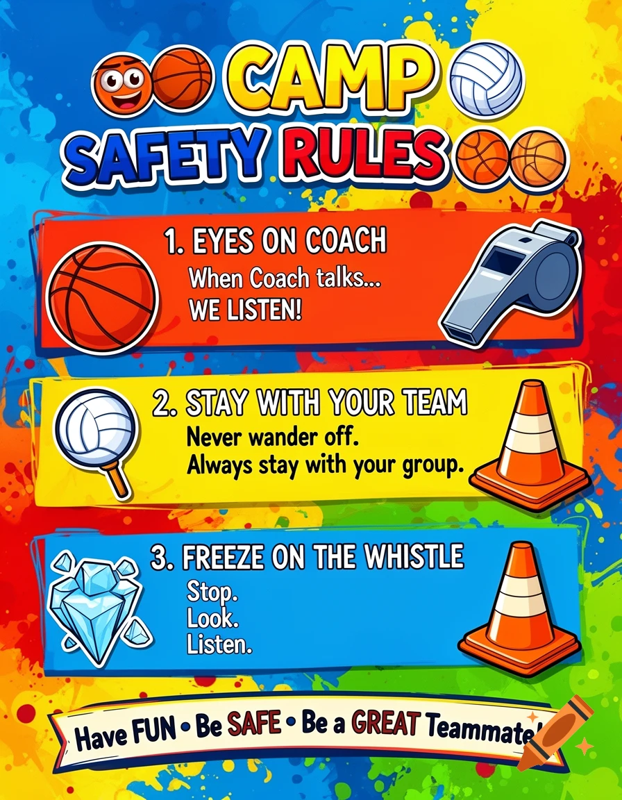 A vibrant, kid-friendly cartoon poster for 'Camp Safety Rules' with three main rules about eyes on coach, staying with team, and freezing on whistle, accompanied by sports graphics and a colorful paint-splattered background.