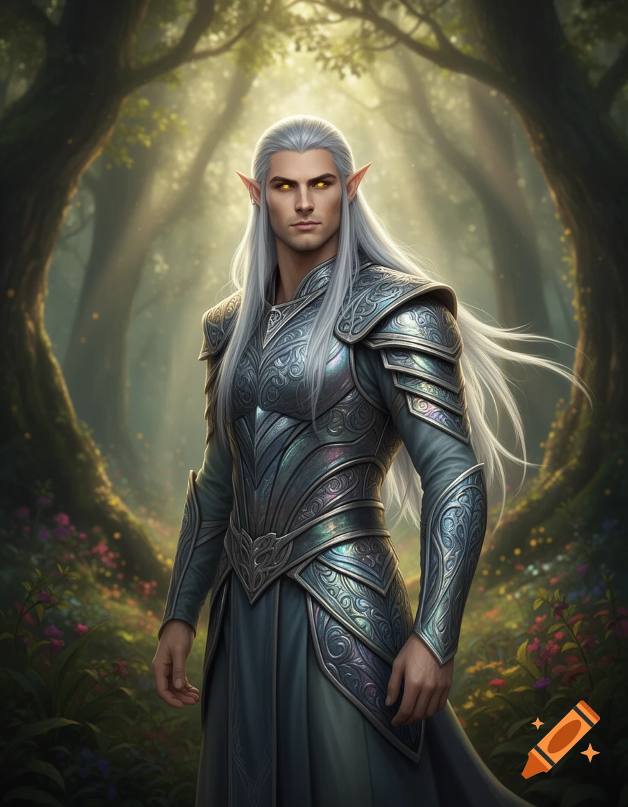 Photorealistic fantasy art of a silver-haired male elf with molten gold eyes and ornate armor in a magical forest.