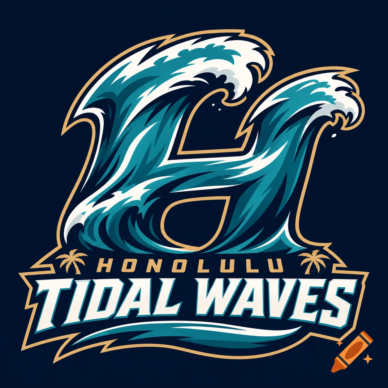 A teal and white ocean wave forms a capital H, with 'HONOLULU TIDAL WAVES' text below, designed as a sports logo.