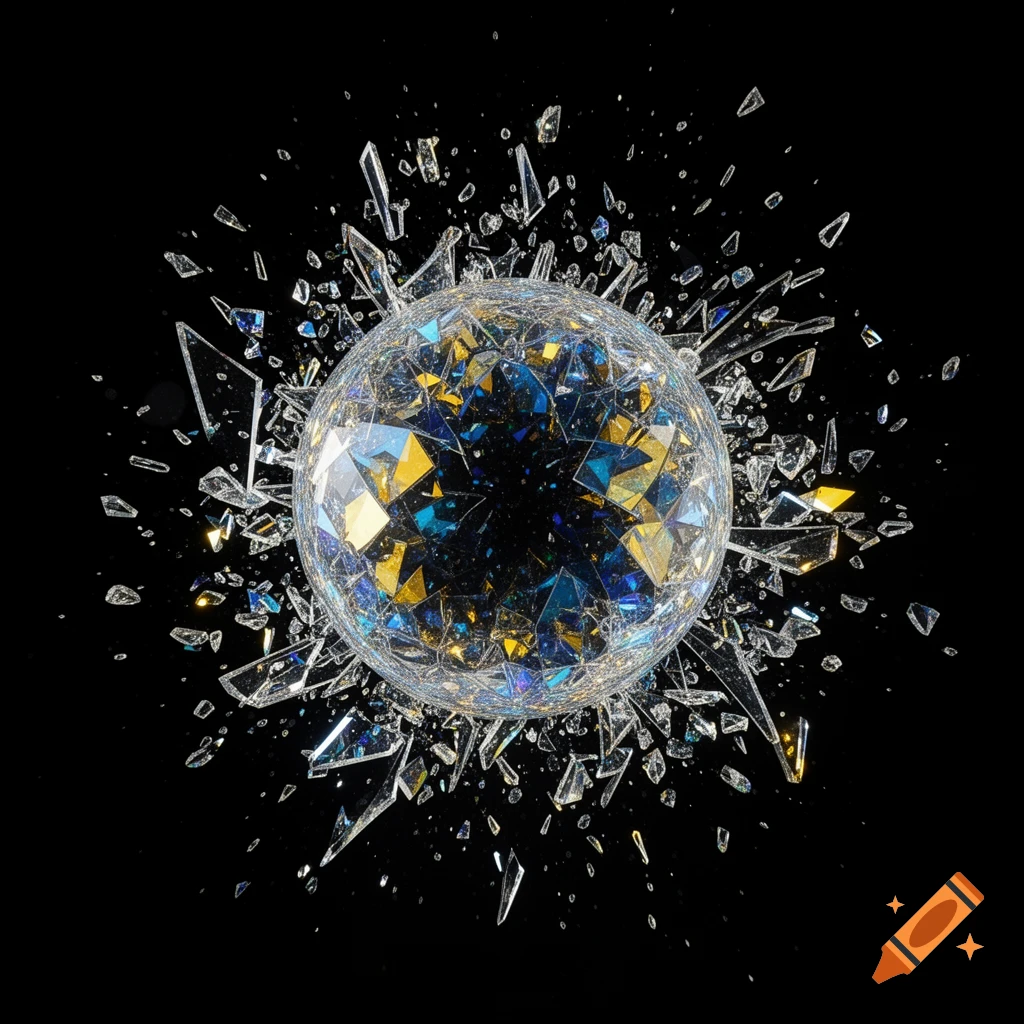 A glittering glass sphere shattering into sharp fragments, revealing a faceted interior with gold and blue reflections against a dark background.