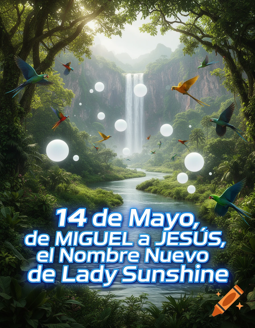 Vibrant jungle with a waterfall, winding river, colorful exotic birds, and a book title in futuristic blue letters.