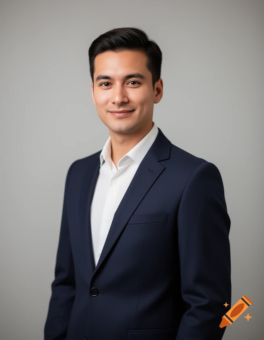 A handsome young man in a dark blue suit and white shirt smiles at the camera against a grey background.