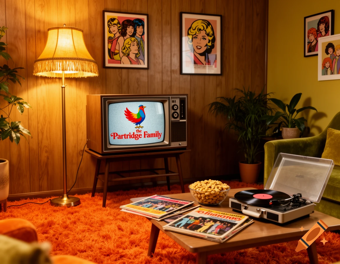 A retro 70s living room with wood paneling, an orange shag carpet, a TV playing 'The Partridge Family', and a record player.