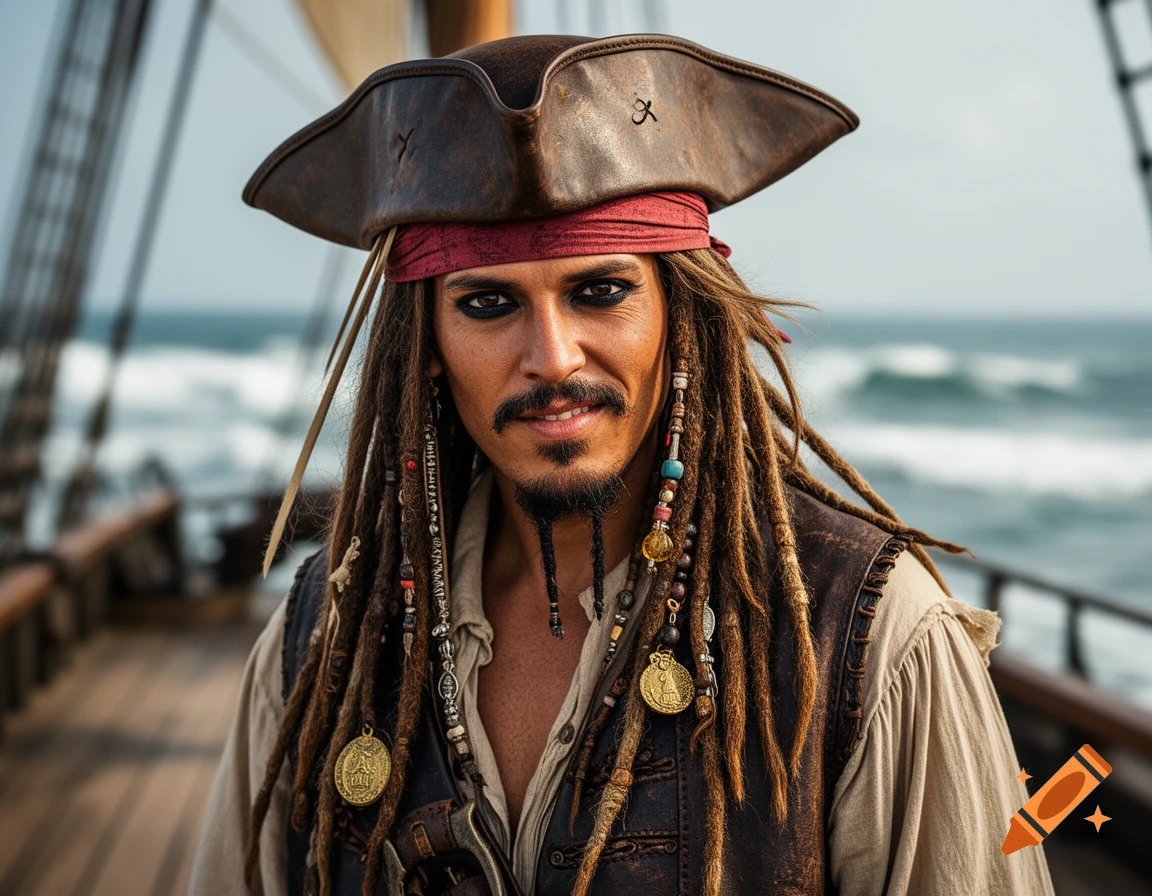 Photorealistic portrait of Captain Jack Sparrow on a ship, wearing a tricorn hat, dreadlocks, and smudged eyeliner.