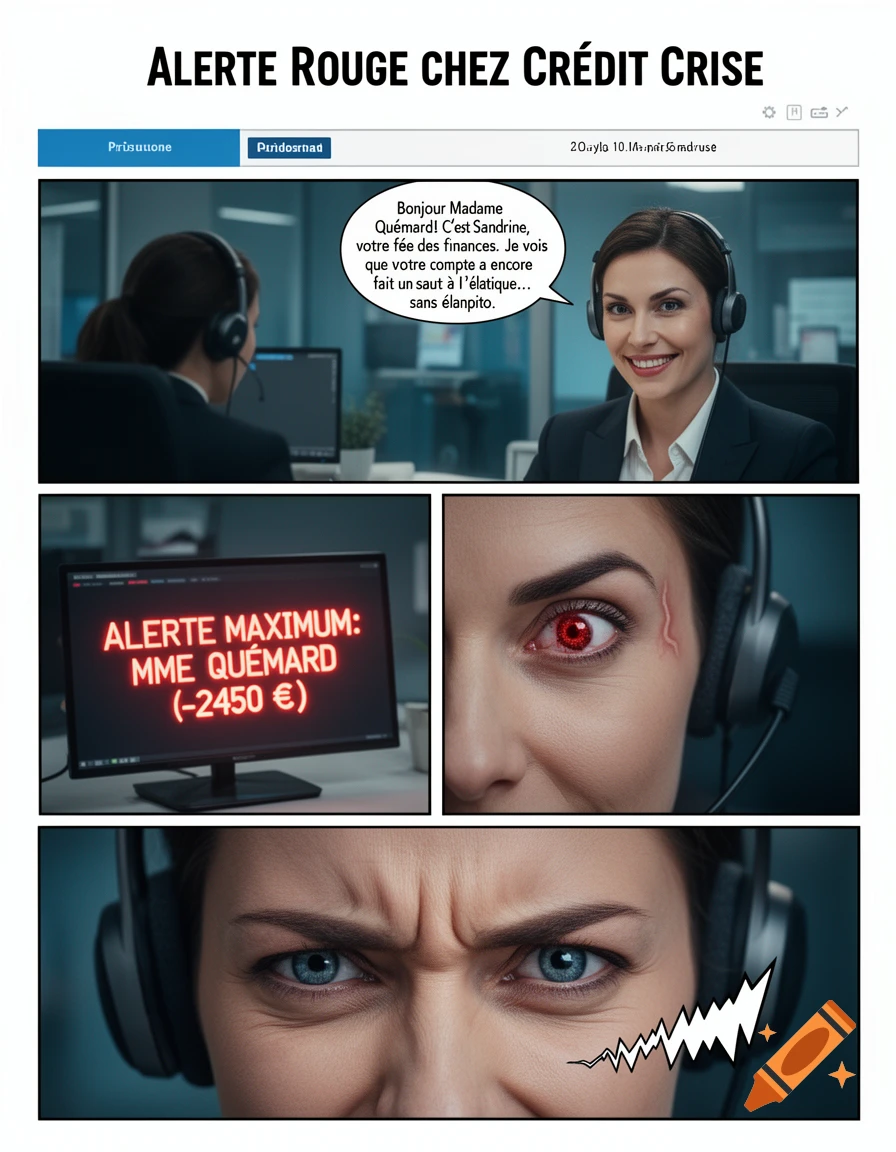 A comic strip showing a woman as a financial advisor. The panels depict her smiling, then a close-up of a red eye and a screen showing a negative balance, and finally her frowning intensely.